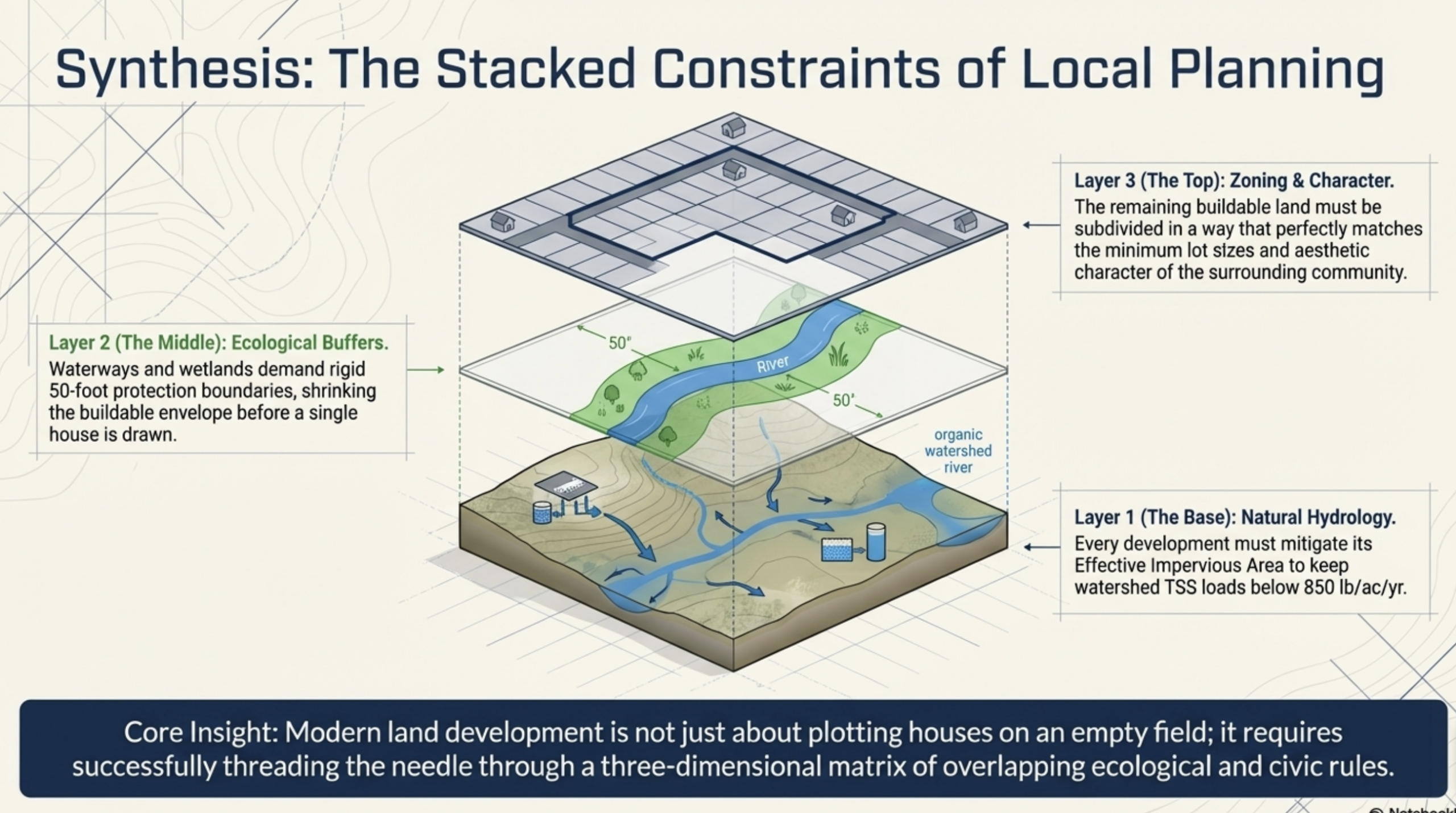 Three-layer planning matrix diagram showing natural hydrology, ecological buffers, and zoning character area constraints that blocked the Fence Road subdivision in Dacula Gwinnett County