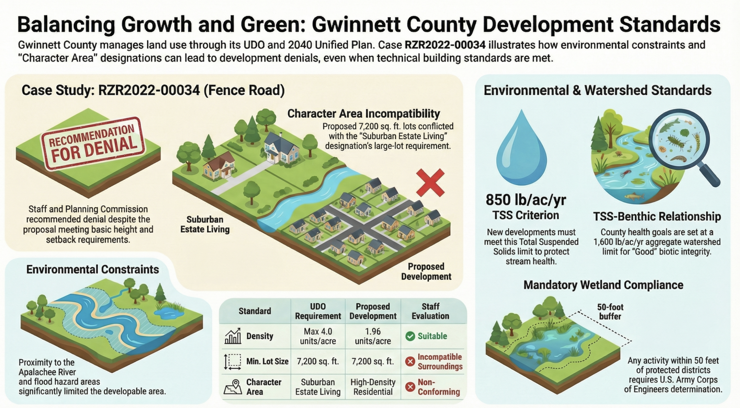 Infographic summarizing Gwinnett County Balancing Growth and Green development standards including TSS criteria wetland compliance and the Fence Road case study denial