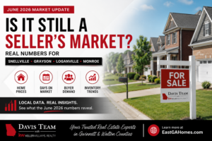June 2026 real estate market update infographic for Snellville, Grayson, Loganville and Monroe GA showing median home prices and days on market