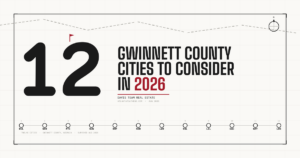 12 Gwinnett County cities to consider in 2026 - Davis Team Real Estate banner graphic showing Duluth, Norcross, Peachtree Corners, Suwanee, Buford, Sugar Hill, Lawrenceville, Snellville, Lilburn, Dacula, Grayson, and Loganville plotted on a survey-map style diagram