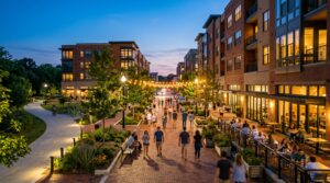 Walkable mixed-use downtown streetscape with pedestrian promenade and greenway trail connection in Sugar Hill, North Gwinnett County, Georgia.
