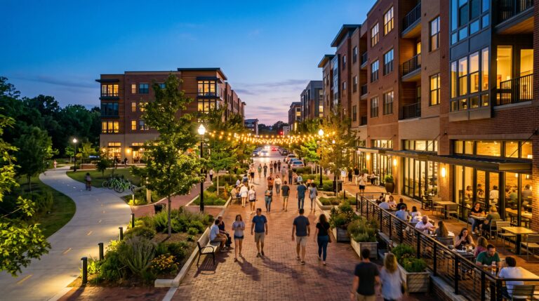 Walkable mixed-use downtown streetscape with pedestrian promenade and greenway trail connection in Sugar Hill, North Gwinnett County, Georgia.