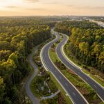 Aerial view of a new parkway with landscaped medians and walking trails cutting through Georgia pine forest near Highway 316 in eastern Gwinnett County