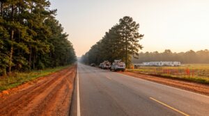 Construction trailers and cleared land along a rural highway near the Stanton Springs North site outside Social Circle, Georgia, where Rivian is building its electric vehicle plant.