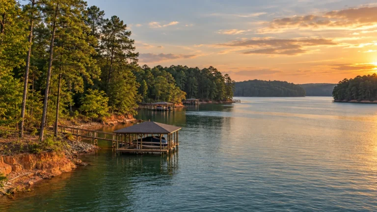 Calm Lake Lanier cove near Buford, Georgia, at sunset, with tall pines, red-clay shoreline, and covered wooden boat docks.