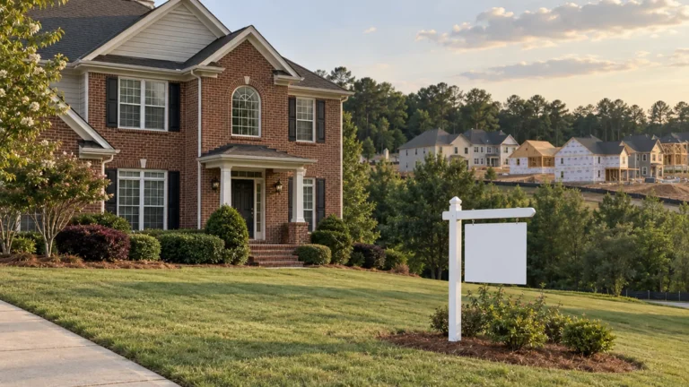 Older two-story brick suburban home with a blank for-sale yard sign out front, and a row of new-construction homes, some still in house wrap, on the hill behind it.