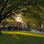 Tree-lined town green and neighborhood street in Snellville, Georgia at golden hour, with brick storefronts and two-story homes