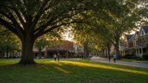Tree-lined town green and neighborhood street in Snellville, Georgia at golden hour, with brick storefronts and two-story homes