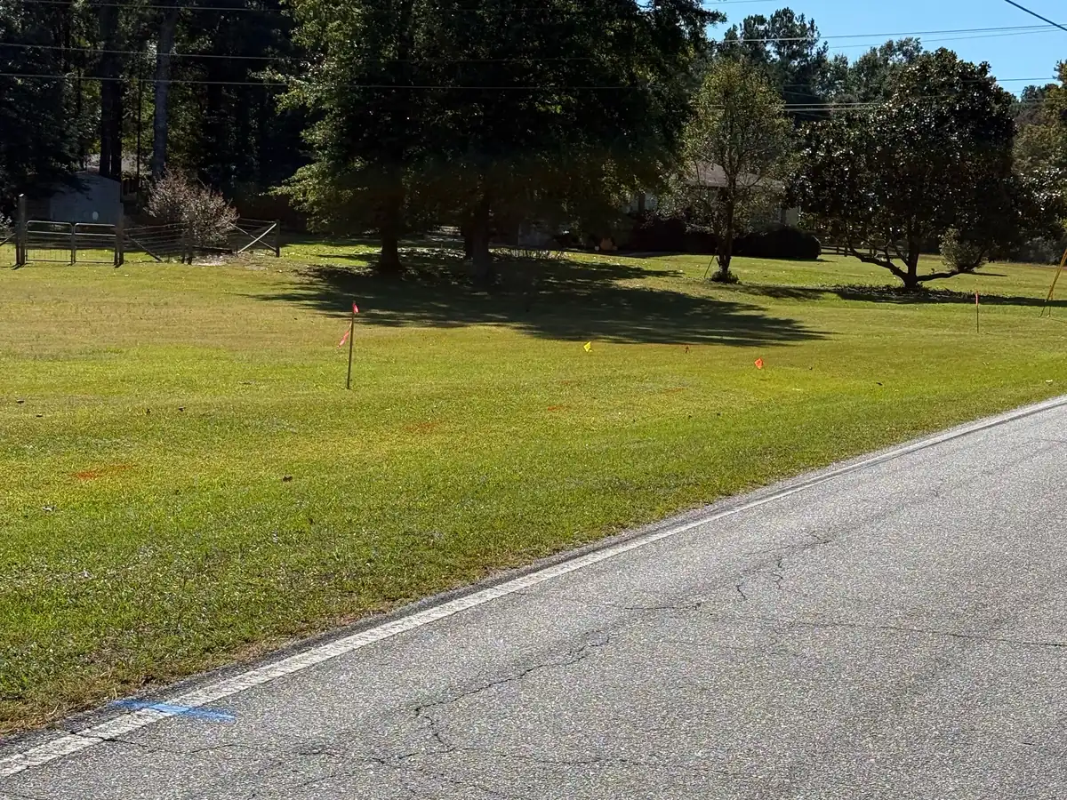 Row of red, orange and yellow utility flags across a sunny lawn on Grady Smith Road, overhead power lines in the sky and a blue paint mark at the road edge