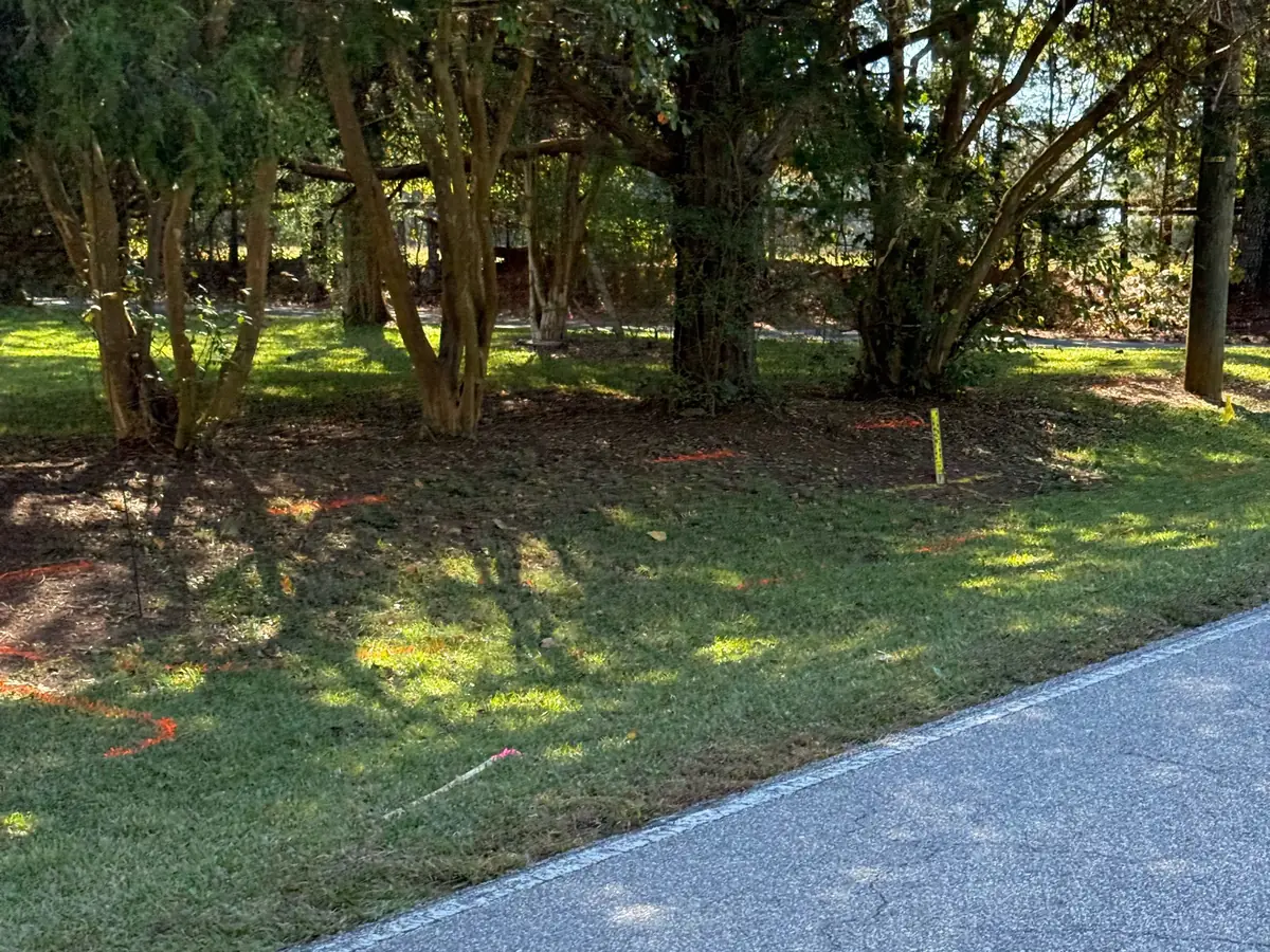 Red and orange utility paint marks across a shaded front yard on Grady Smith Road in Loganville, with a yellow marker stake near the trees
