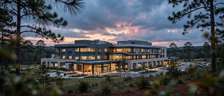 Rendering-style photo of a modern hospital campus at dusk surrounded by Georgia pines, illustrating Piedmont's planned Covington hospital