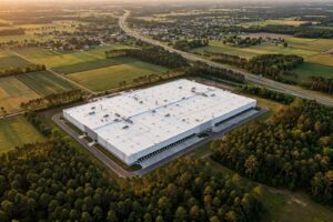 Aerial view of a massive modern warehouse surrounded by Georgia farmland and pine forest