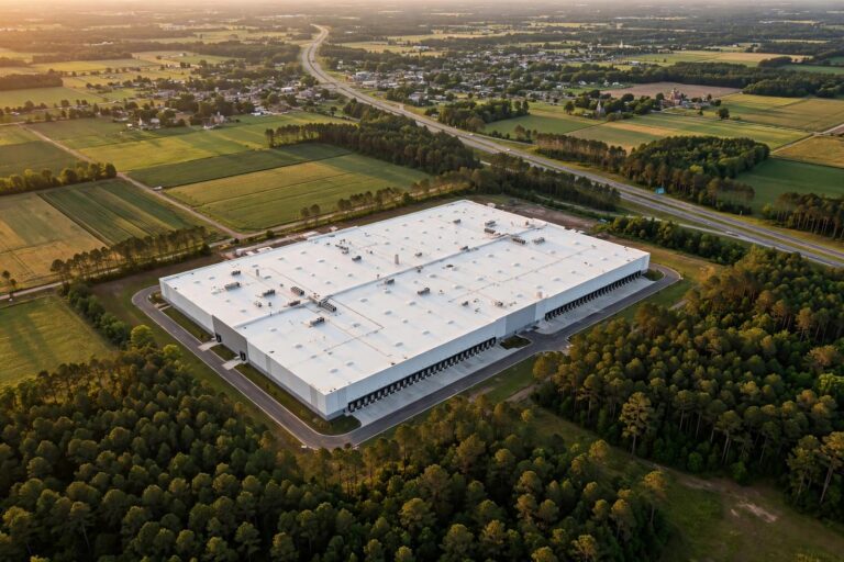 Aerial view of a massive modern warehouse surrounded by Georgia farmland and pine forest